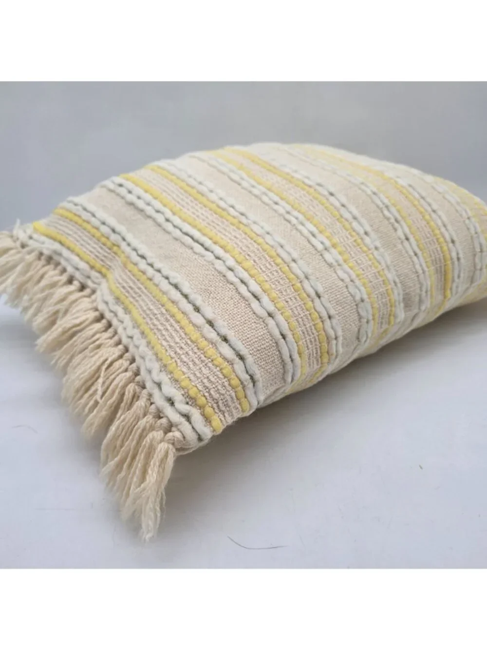 MCM Yellow & Cream Striped Woven Throw Pillow Fringe Accents 20